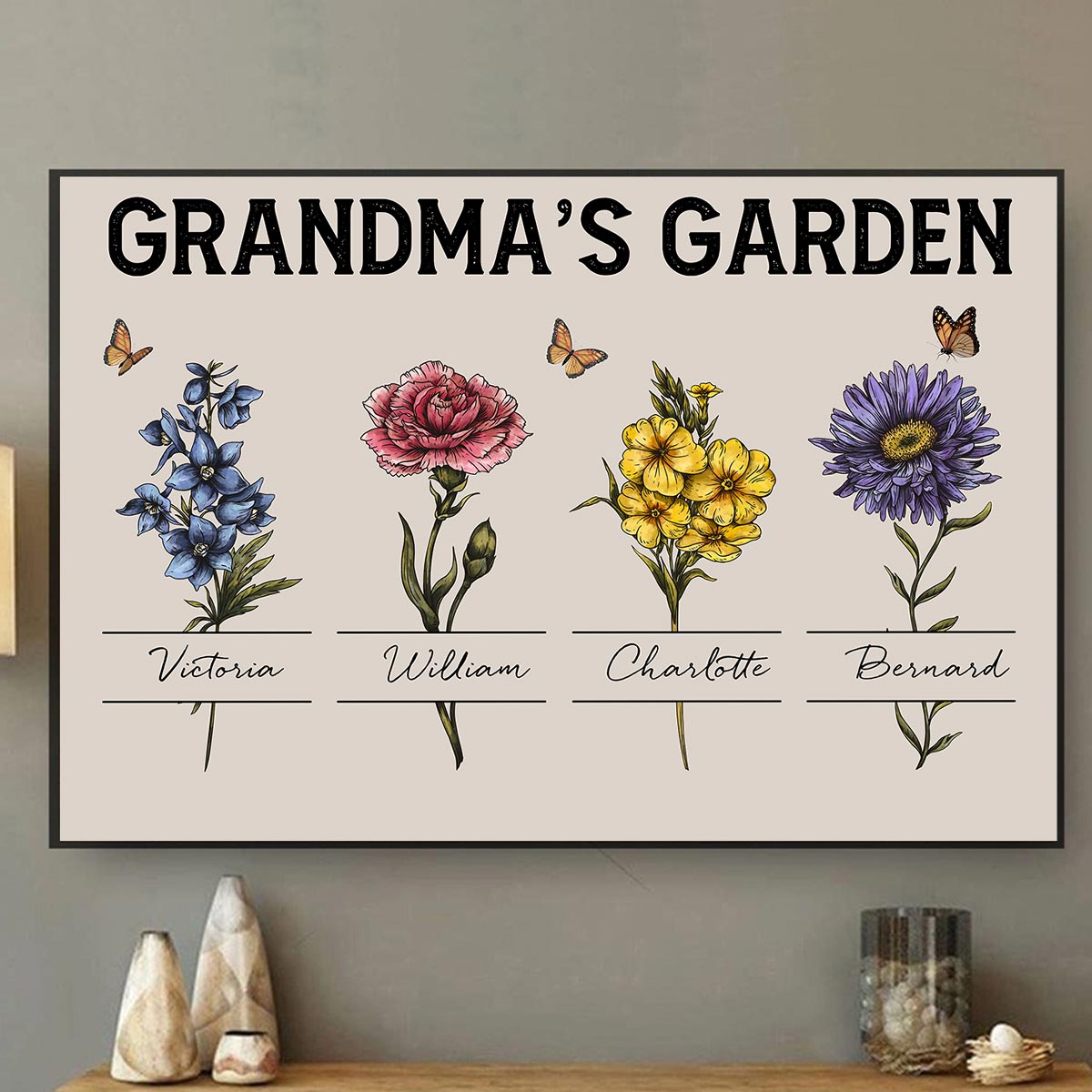 Gift For Grandma Grandma‘s Garden Beautiful Vintage Birth Month Flower With Names Personalized Horizontal Poster