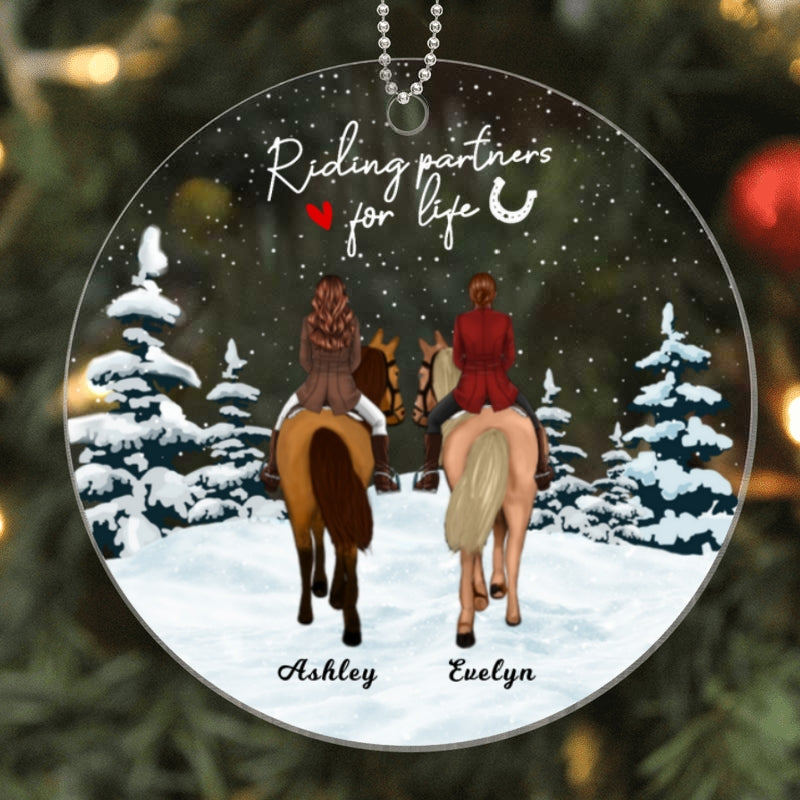 Horse Riding Friends Back View In Snow Personalized Acrylic Ornament