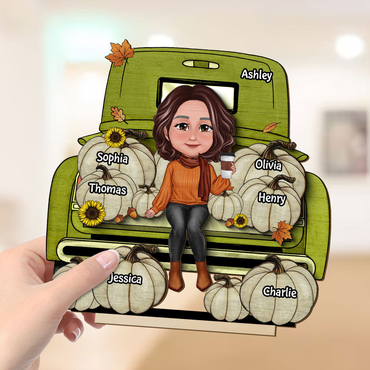 Grandma Fall Season Truck Personalized 2-Layer Standing Wooden Plaque, Fall Season Tier Tray Decoration