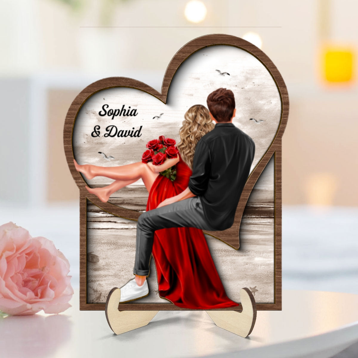 Landscape Heart Couple Sitting Back View 2-Layer Wooden Plaque, Heartfelt 2025 Personalized Couple Gift For Valentine's Day, For Her, For Him