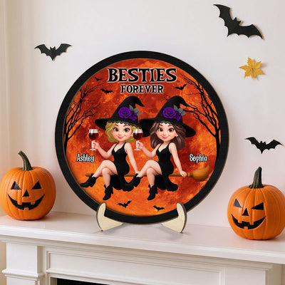 Halloween Witch Besties On Broom Personalized 2-Layer Wooden Plaque, Halloween Gift