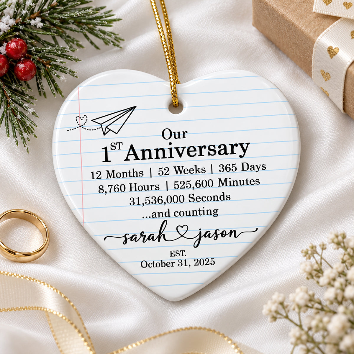 Our 1st Anniversary - Personalized Ceramic Ornament - Paper Traditional Gift for Her, Gift for Him, Christmas Keepsake