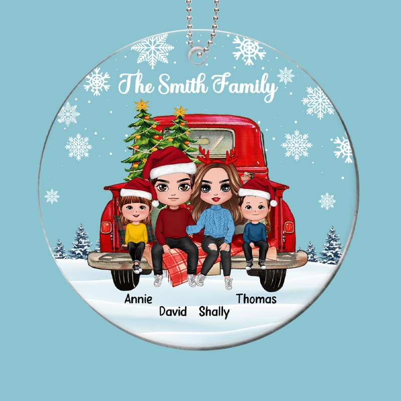 Family Couple Dad Mom Kids On Christmas Truck Personalized Acrylic Ornament