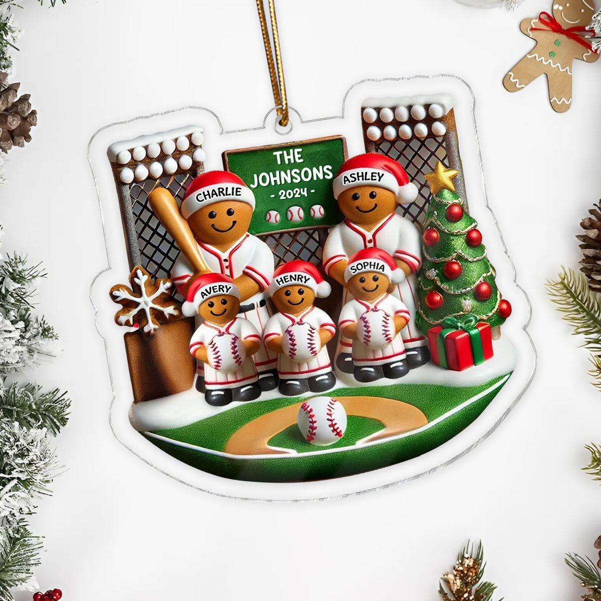 3D Effect Baseball Gingerbread Family On Field Sport Lover Personalized Acrylic Ornament