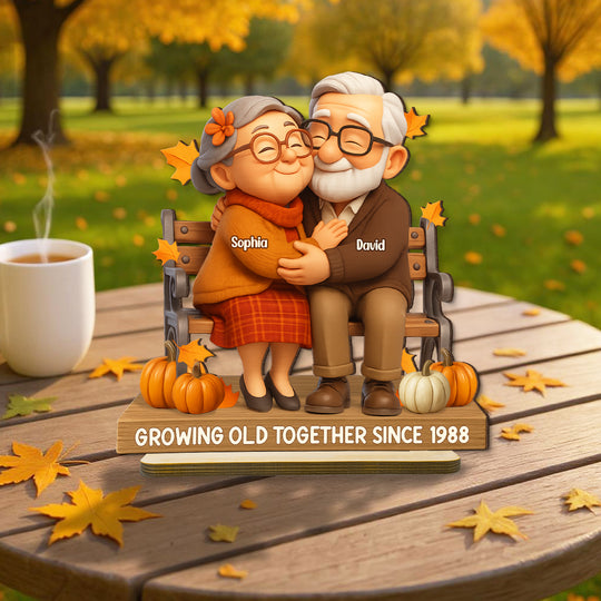 Old Couple Sitting Hugging Personalized Standing Wooden Plaque, Fall Decor for Couples