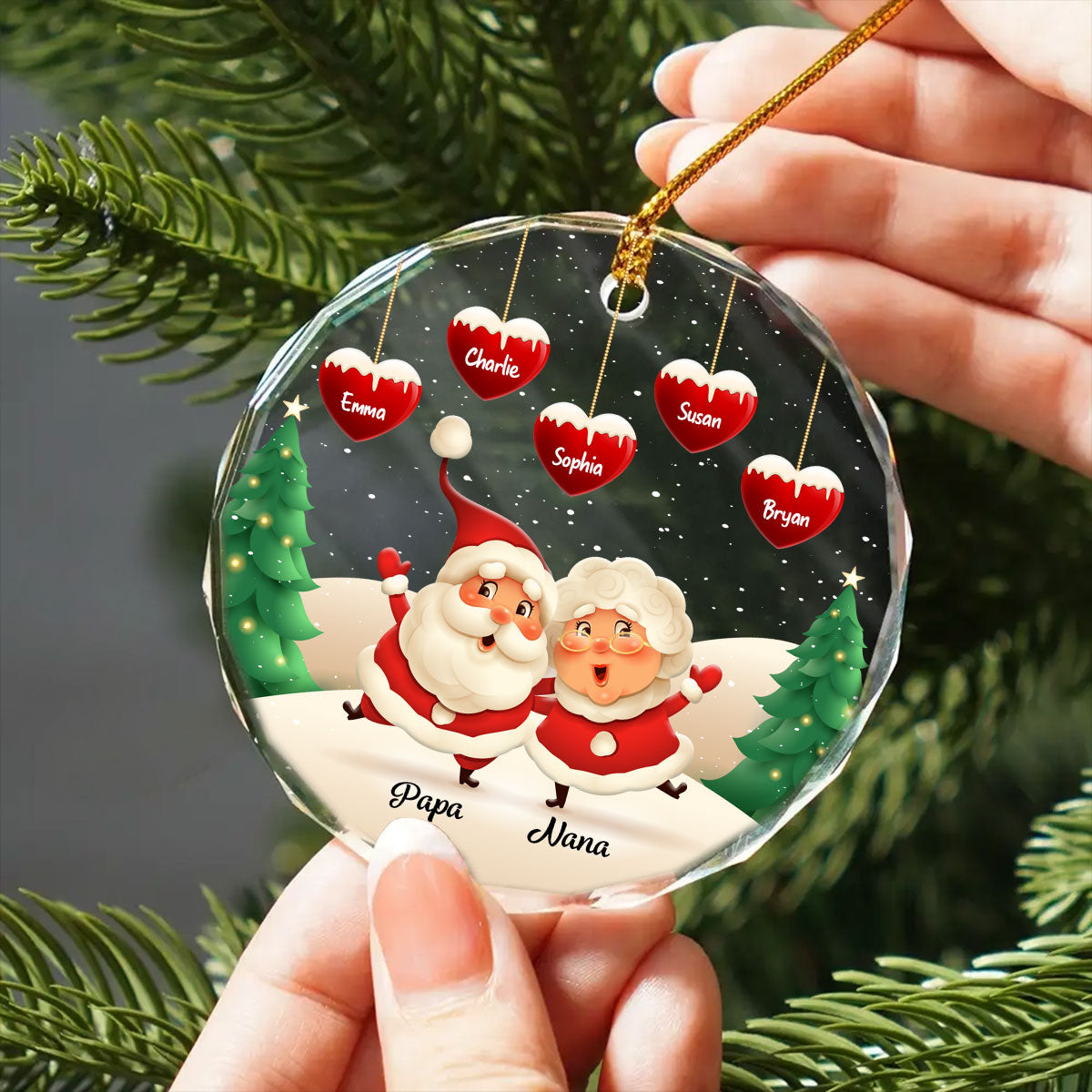Papa Nana Claus Hearts Kids Names Personalized Glass Ornament