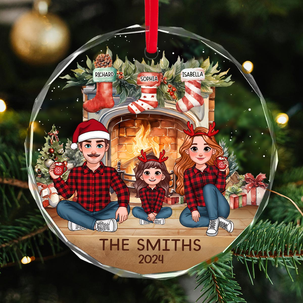 Animated Family Vintage Christmas Stockings Fireplace Personalized Glass Ornament, Christmas Gift For Family