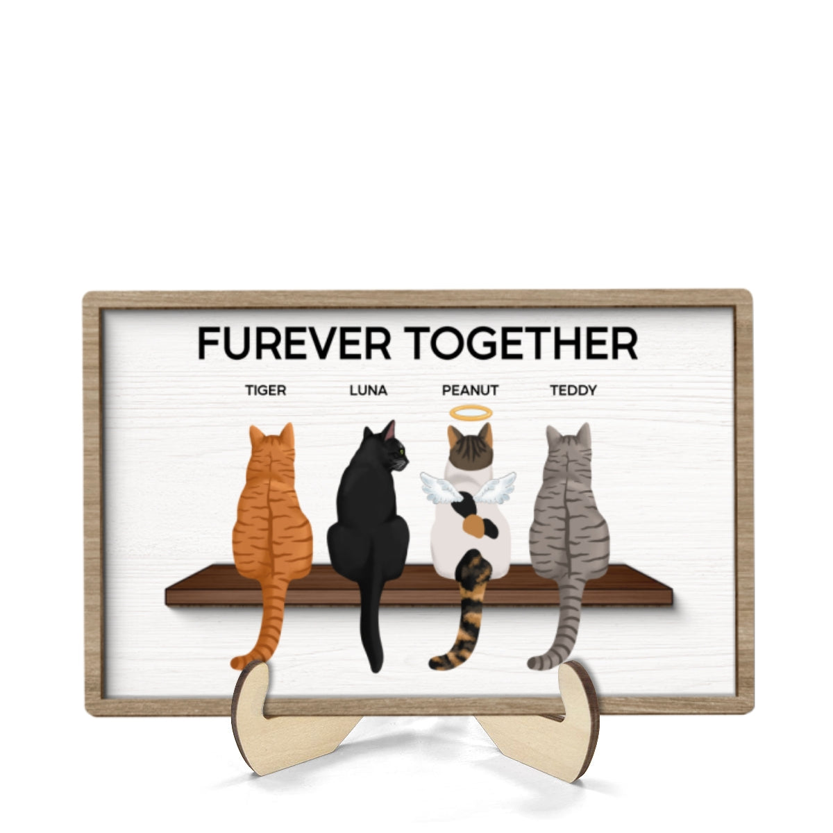 Furever Together Cat Portrait Prints Cats On A Shelf Personalized 2-Layer Wooden Plaque