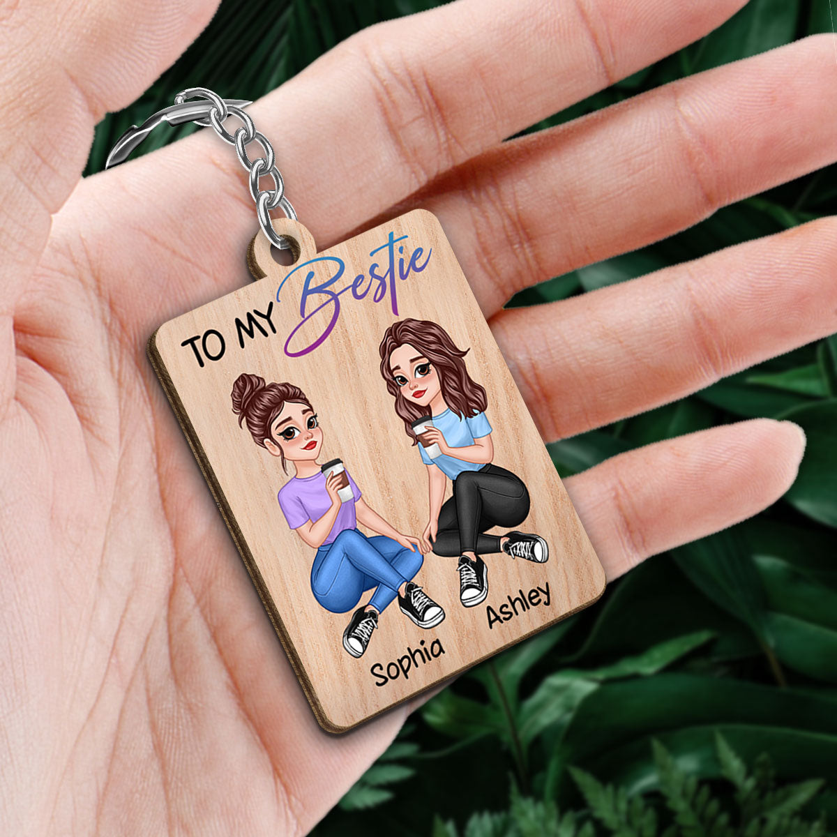 Pretty Cartoon Besties To My Bestie Personalized Wooden Keychain