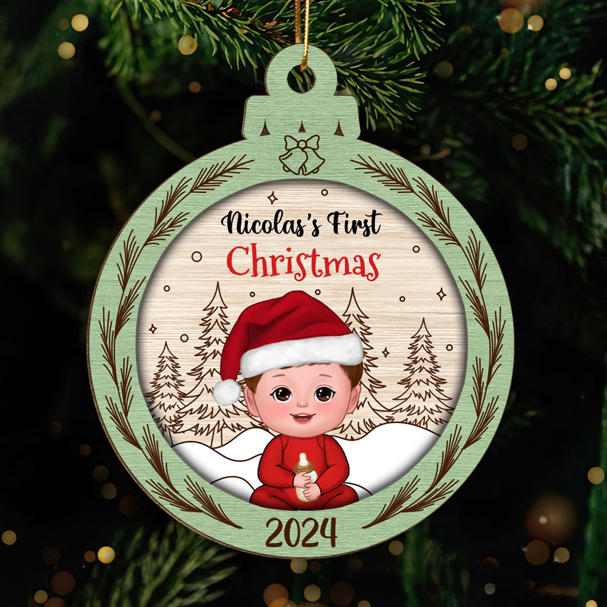 Rustic Baby's First Christmas Personalized Wooden Ornament