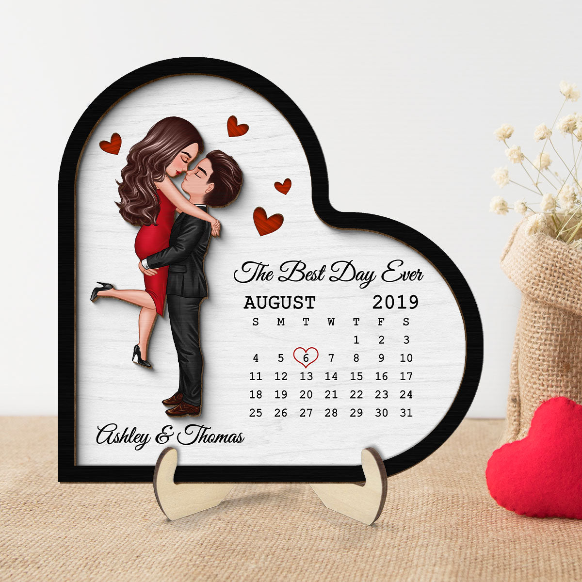 Doll Couple Hugging Kissing Calendar Anniversary Date Gift For Couple Gift For Him Gift For Her Personalized Heart Shaped 2 Layer Wooden Plaque