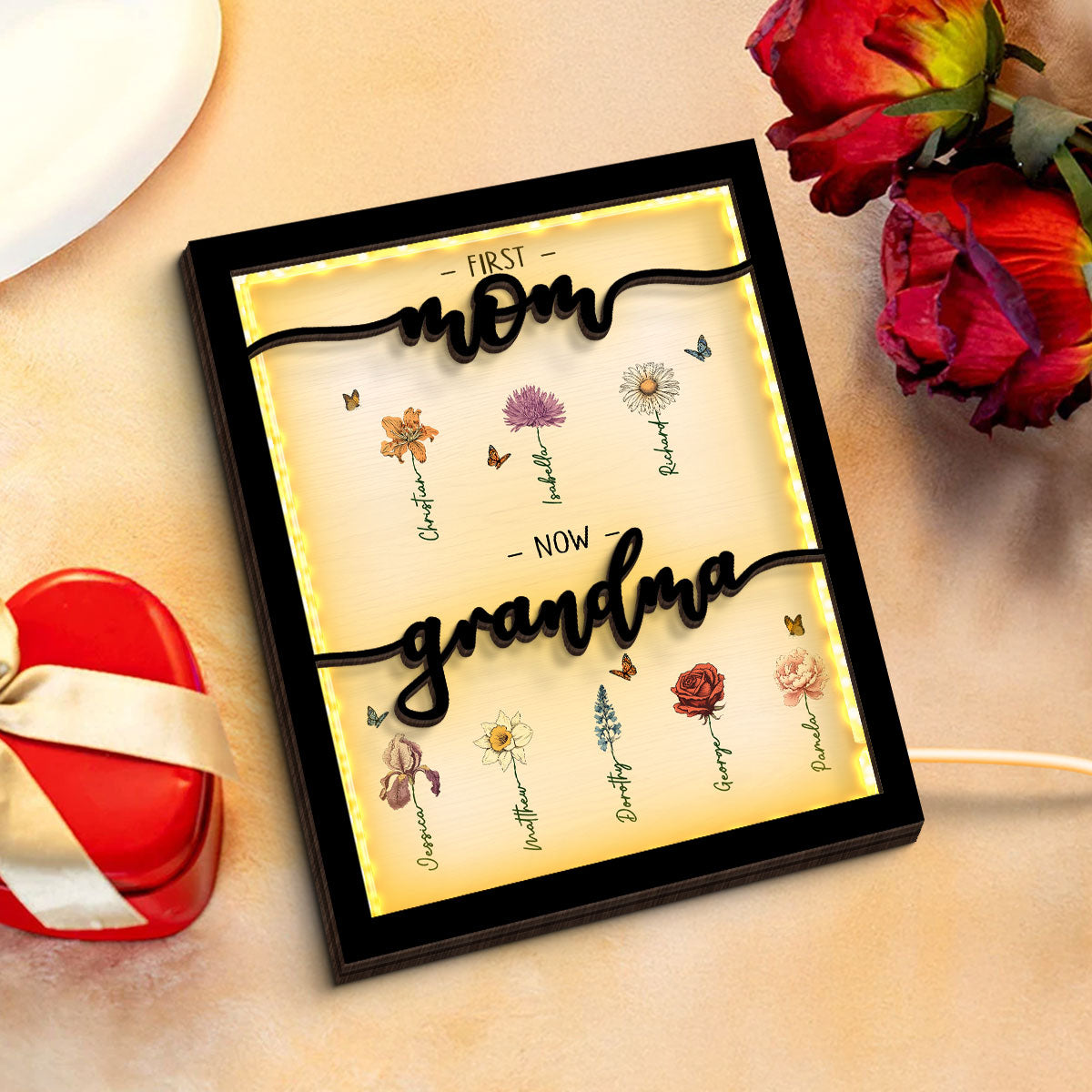 First Mom Now Grandma Birth Month Flowers Personalized 2-Layer Wooden Plaque With LED, Gift for Mom, Grandma, for Mother's Day