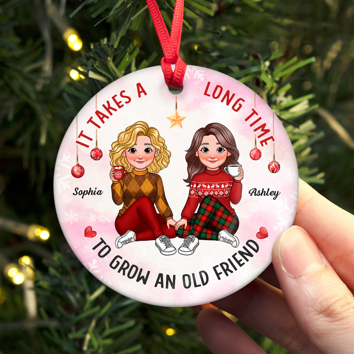 It Takes A Long Time To Grow An Old Friend Animated Besties Personalized Ceramic Ornament, Christmas Gift For Best Friend