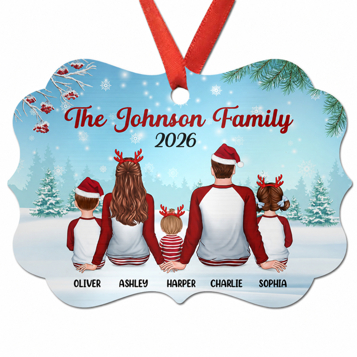 Family In Snow Back View Personalized Christmas Aluminium Ornament