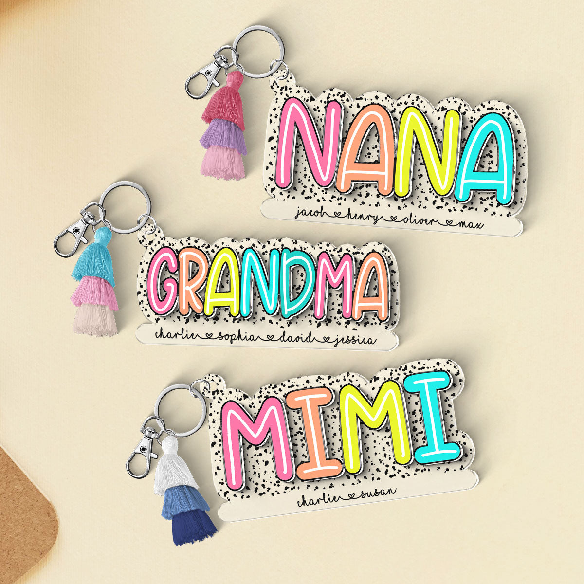 Grandma Mom With Kids Names Colorful Pattern Personalized 2-Layer Acrylic Keychain