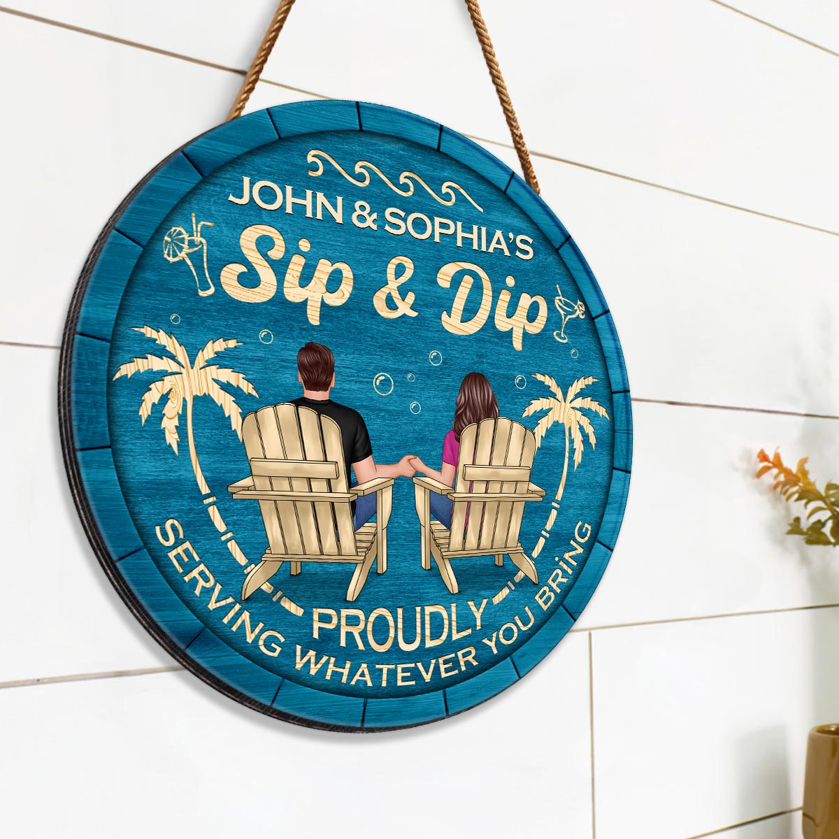 Sip & Dip Couple Sitting Personalized Wood Sign