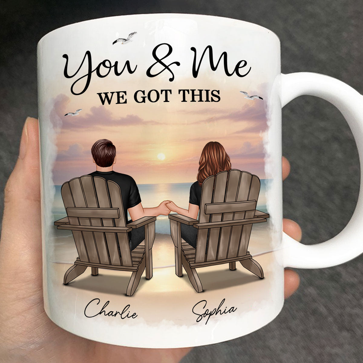 Eternal Sunset Beach Couple Back View Anniversary Calendar Personalized Mug,  Gift, Anniversary Gift For Him, For Her