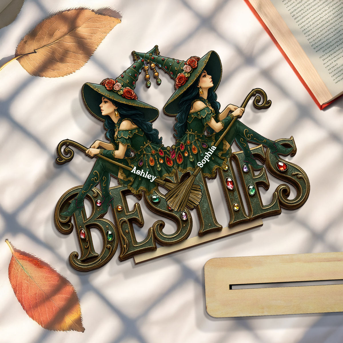 Halloween Gothic Vintage Besties Sisters Sitting On Text Personalized Standing Wooden Plaque