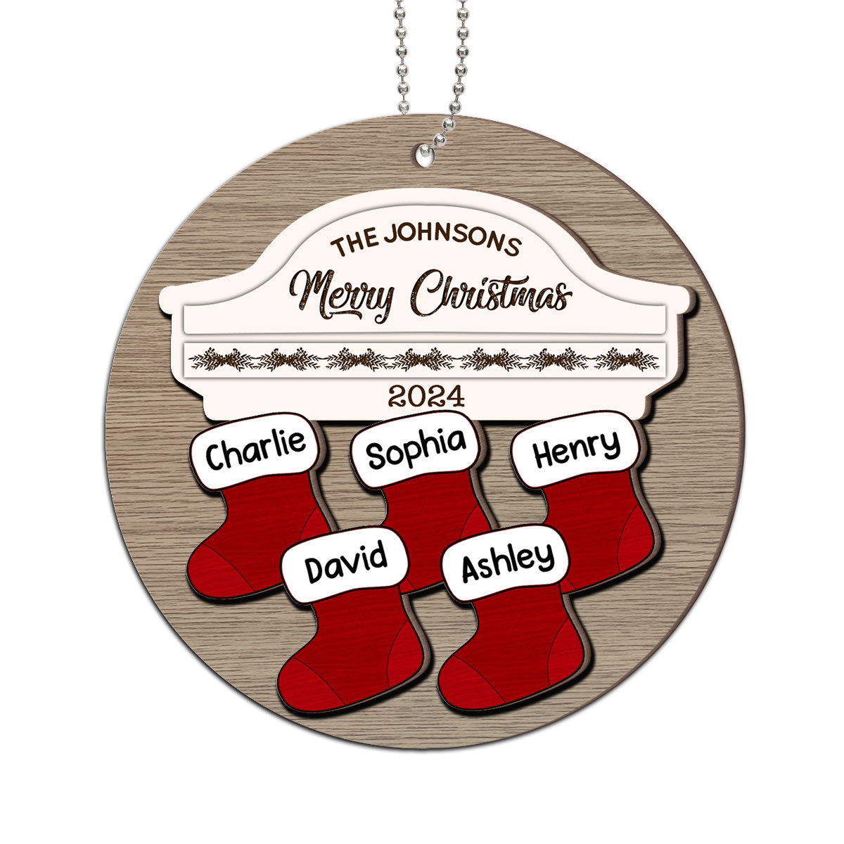 Family Name Stocking Christmas Decor Personalized 2-Layer Wooden Ornament
