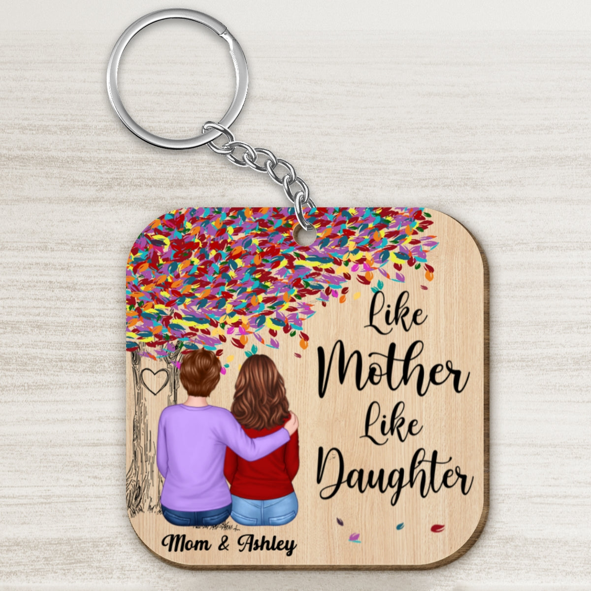 Colorful Tree Back View Mom Hugging Daughter Personalized Wooden Keychain