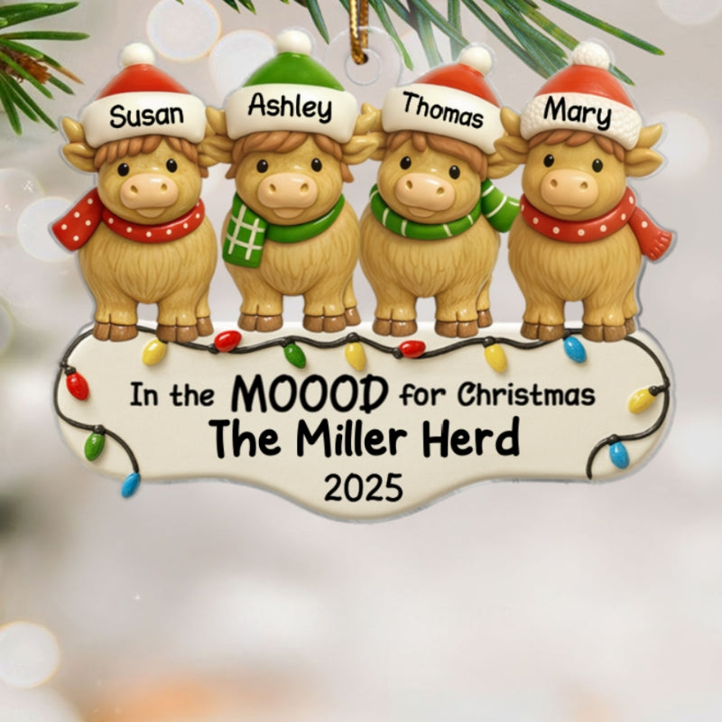 3D Effect Highland Cows Family Herd In The Moood For Christmas Personalized Acrylic Ornament, Christmas Decor