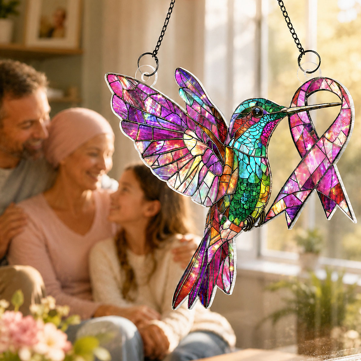 Hummingbird Pink Ribbon Custom Name - Personalized Acrylic Window Hanger - Breast Cancer Awareness Gift