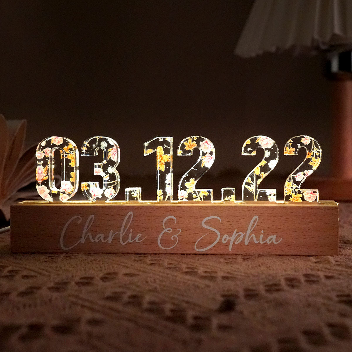 Couple Engagement Wedding Anniversary Special Date Custom Flower Printed LED Night Light, Unique Valentine's Day Gift For Him, Gift For Her