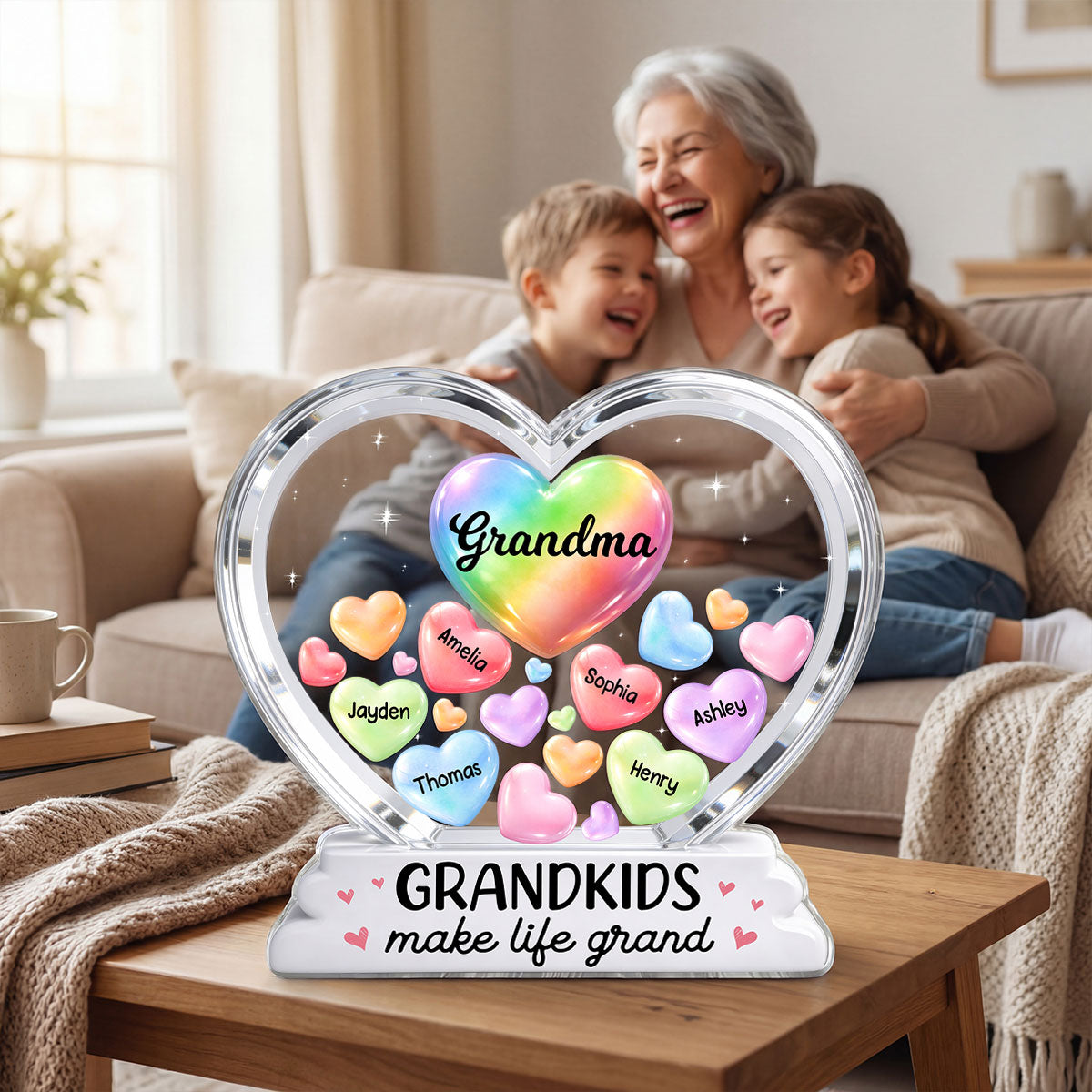 Grandma's Sweethearts In Heart 2D Flat - Personalized Acrylic Block Plaque - Heartfelt Mother's Day Gift For Grandma