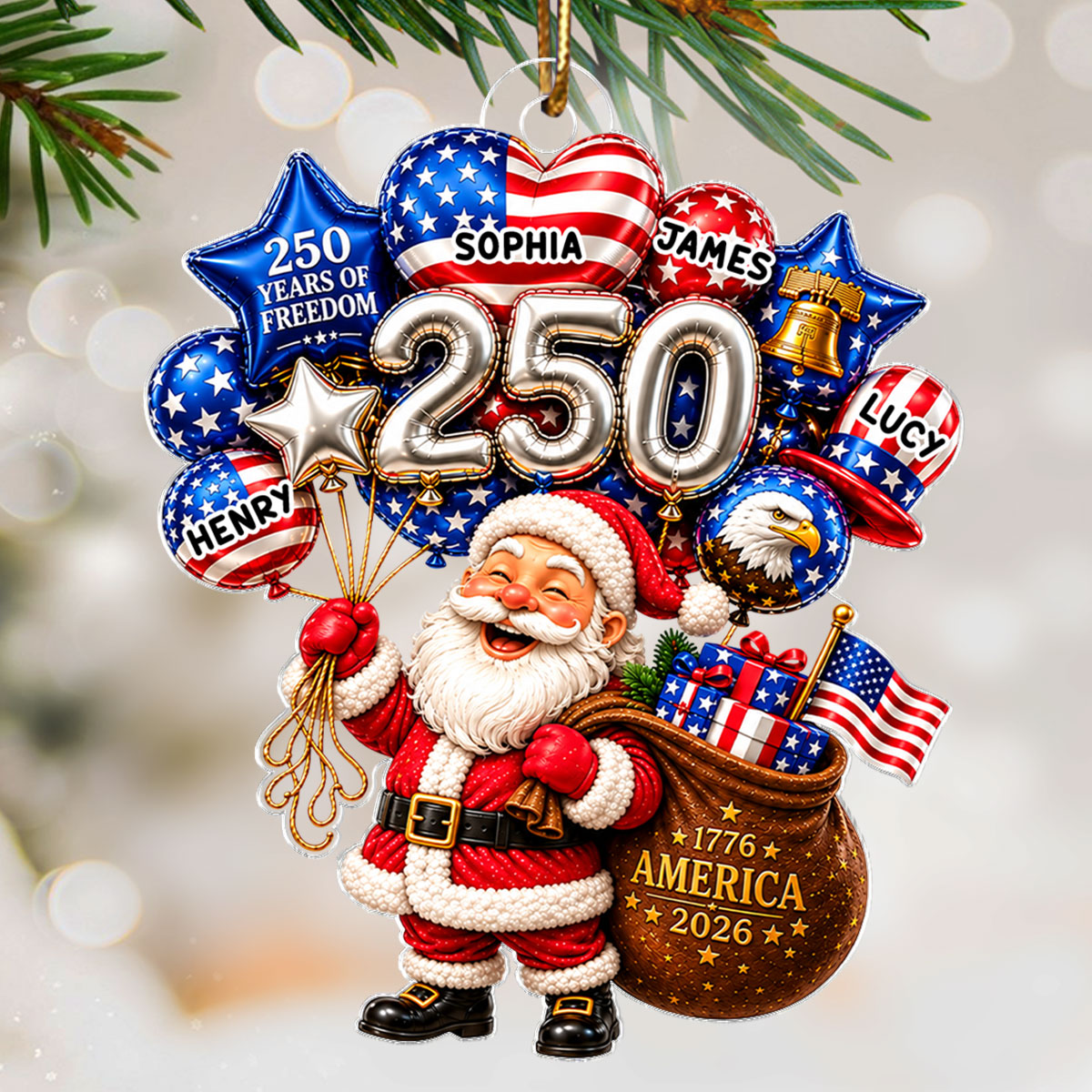 Santa Christmas USA 250 Christmas Custom Names - Personalized Acrylic Ornament 2026 - Gift For Family, Friend