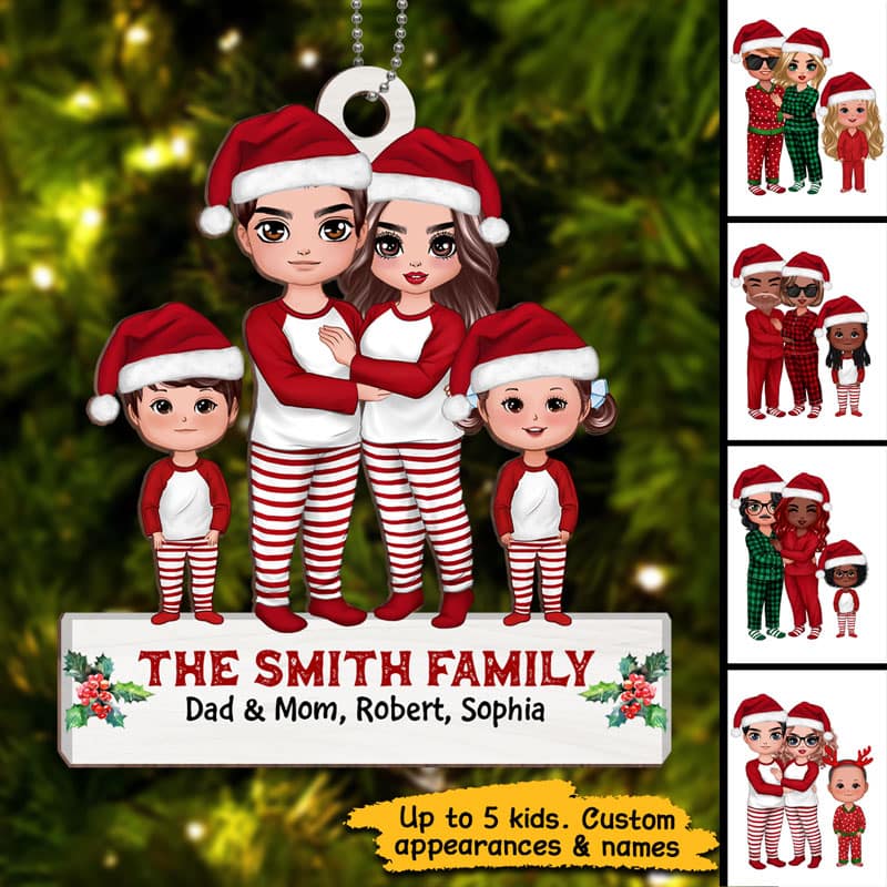 Pajamas Doll Family Standing Christmas Personalized Wooden Ornament