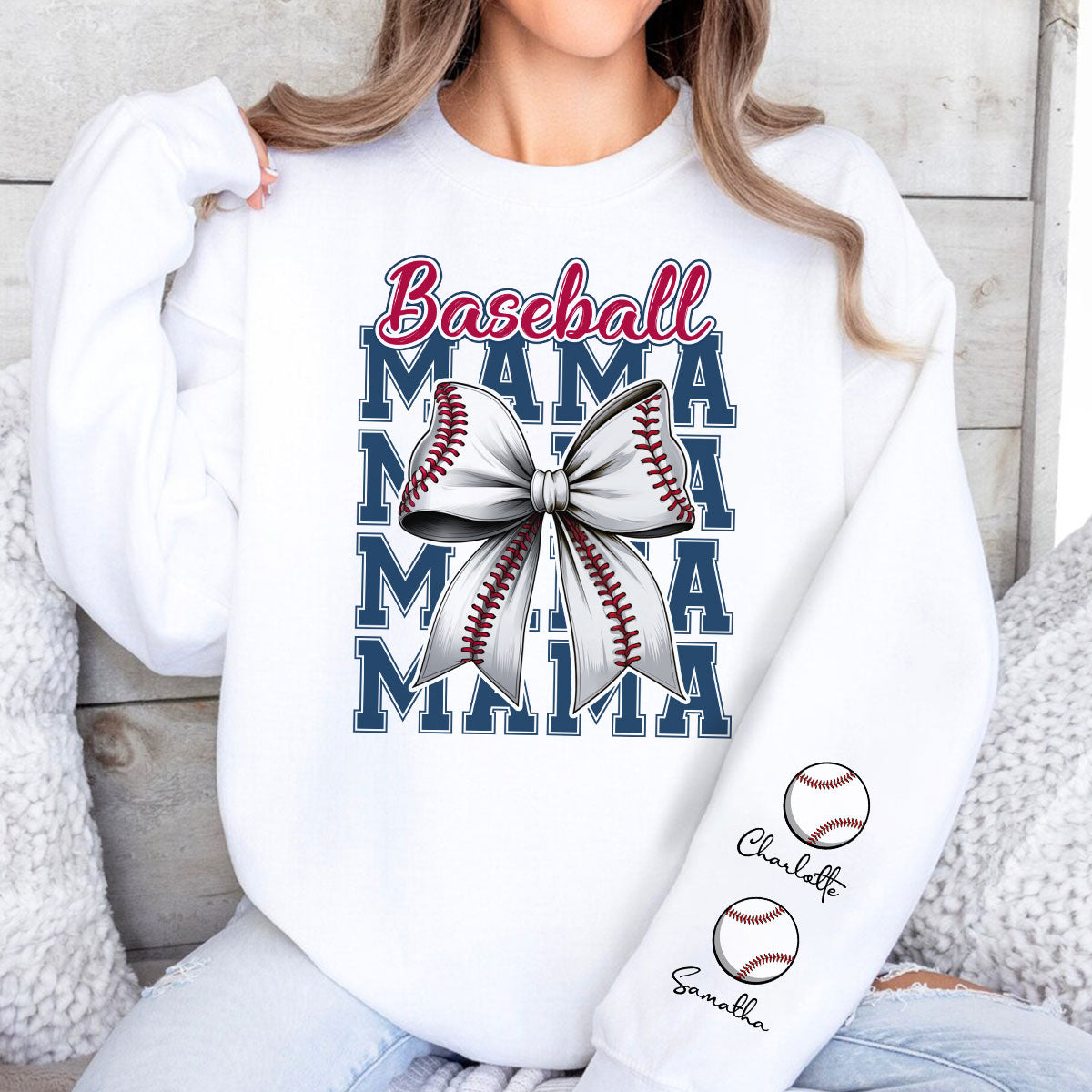 Retro Baseball Mom Coquette Bow Personalized Sleeve Printed Sweatshirt, Proud Baseball Mom Game Day Shirt, Gift For Baseball Mom