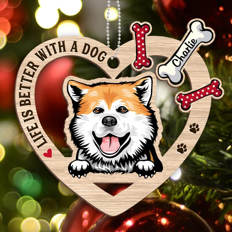 Peeking Dog Inside Heart Personalized Christmas Wooden Ornament