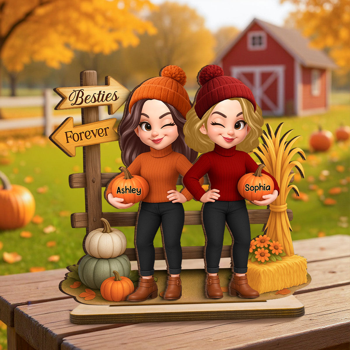 Besties Sisters Fall Season Fence Pumpkin Patch Personalized Standing Wooden Plaque