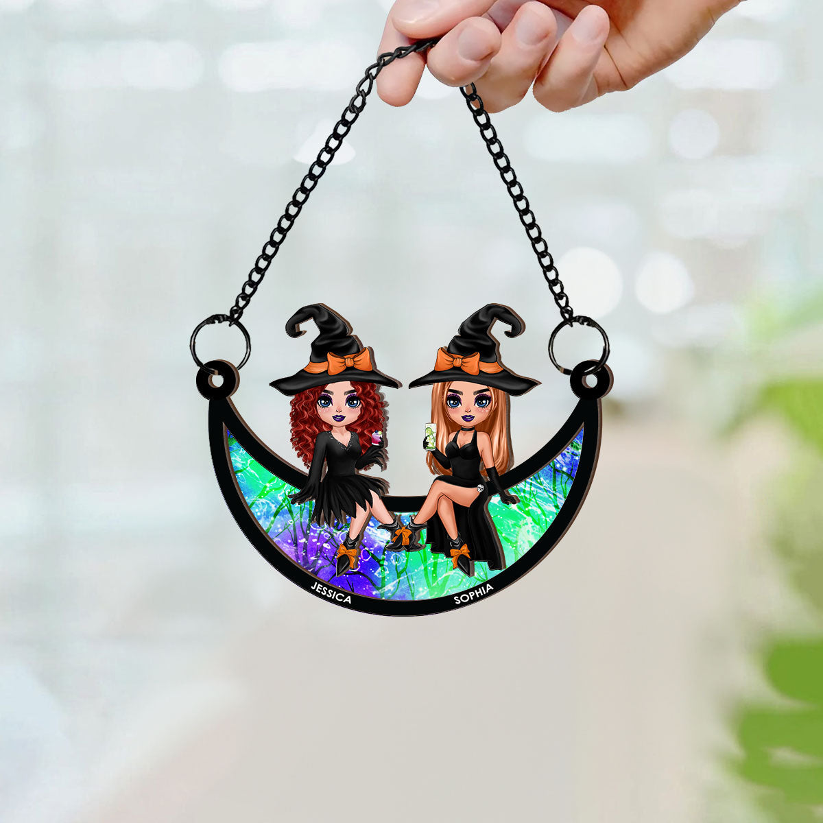 Halloween Witch Besties Sitting On Moon Personalized Window Hanging Suncatcher Ornament, Halloween Decor