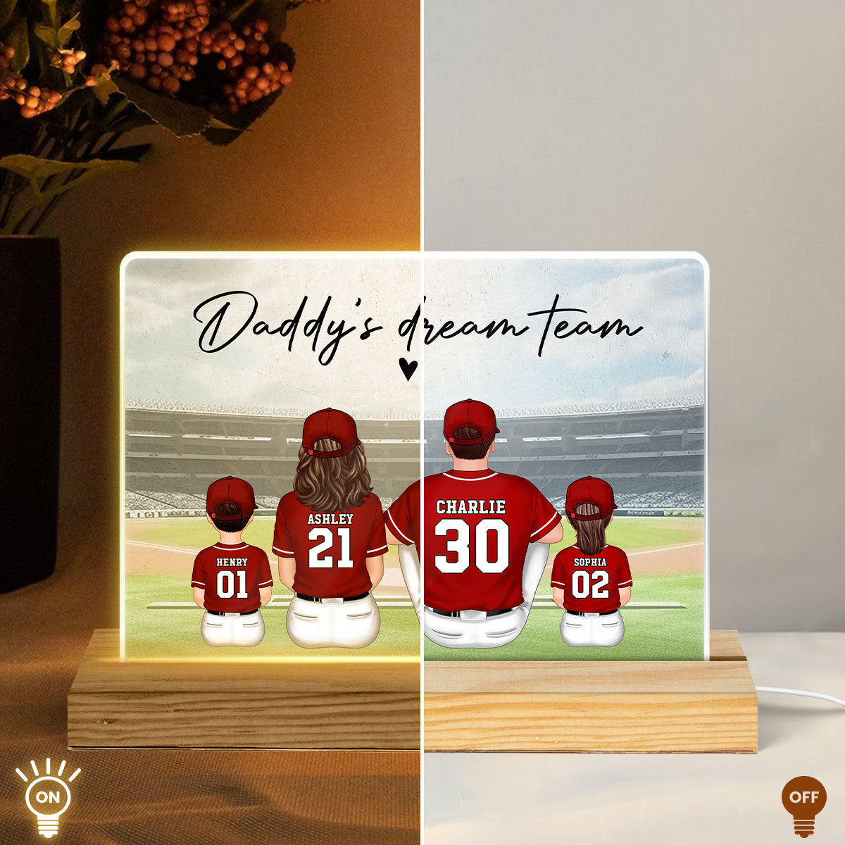 Daddy's Team Baseball Family Sitting Personalized Acrylic LED Night Light, Father's Day Gift For Dad, Grandpa, Husband