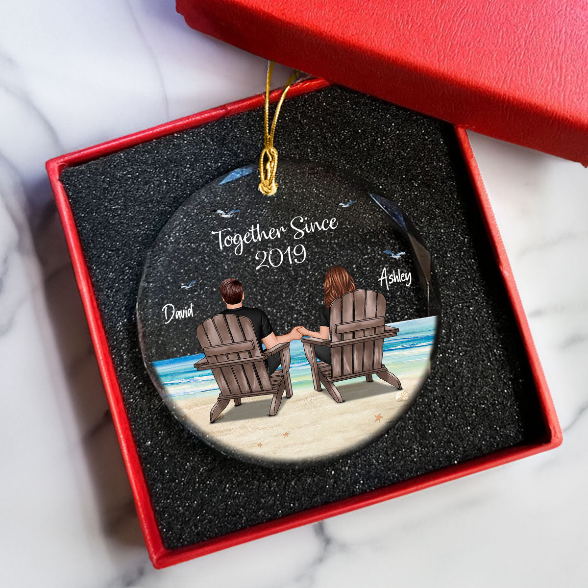 Couple Sitting Eternal Sunset Beach Personalized Circle Glass Ornament, Heartfelt Christmas Gift For Girlfriend, For Wife
