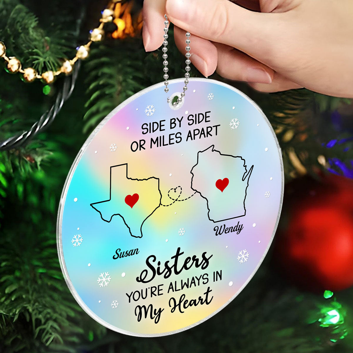 Long Distance Hologram Patterned Family Friends Siblings Sisters Besties Personalized Acrylic Ornament, Togetherness Christmas Gift