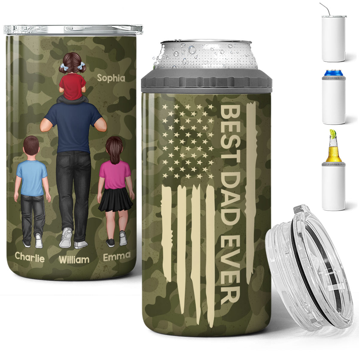Best Dad Ever Piggy Back Man & Kids Nation Flag Father‘s Day Gift For Husband Father Figures Personalized 4 In 1 Can Cooler