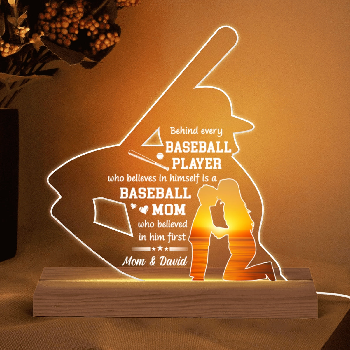 Behind Every Baseball Player Mother‘s Day Gift Personalized Custom Shape LED Night Light, Acrylic LED Lamp
