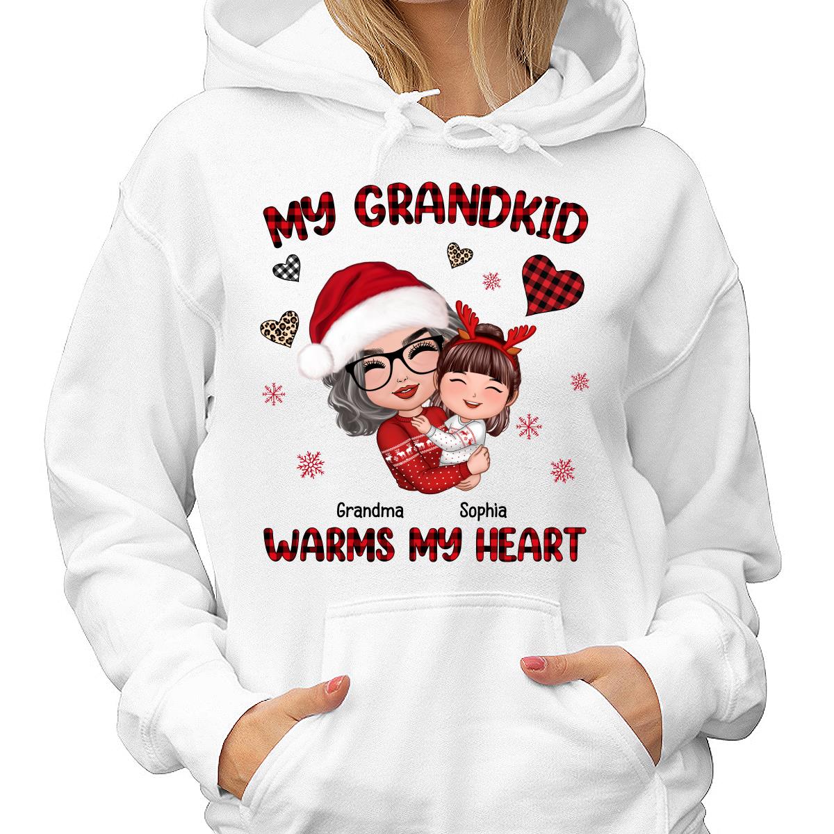Christmas Patterns Hearts Doll Grandma Hugging Kid My Grandkids Warm My Heart Personalized Shirt