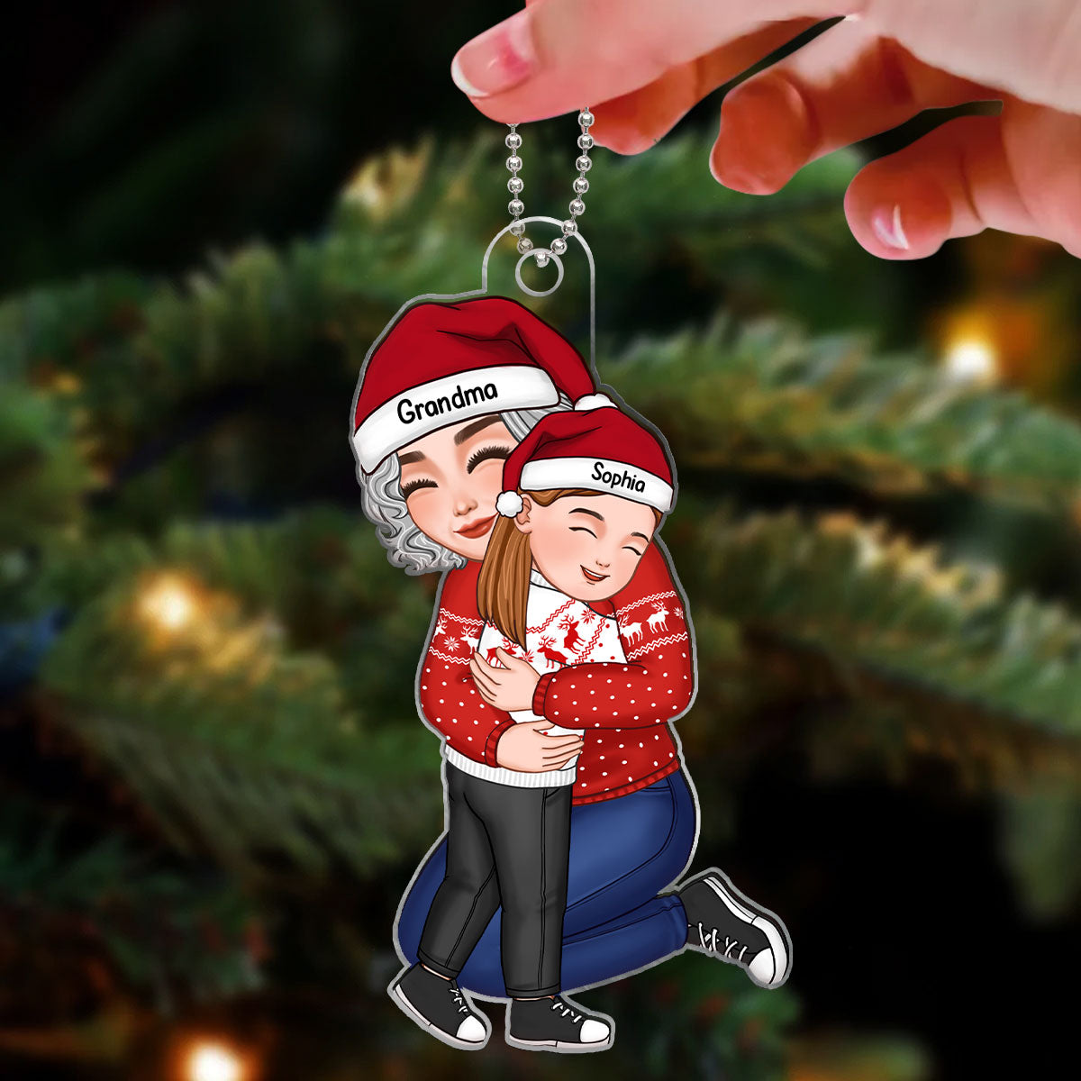 Cute Grandma Hugging GrandKid - Personalized Acrylic Ornament - Gift For Granddaughter, Grandson