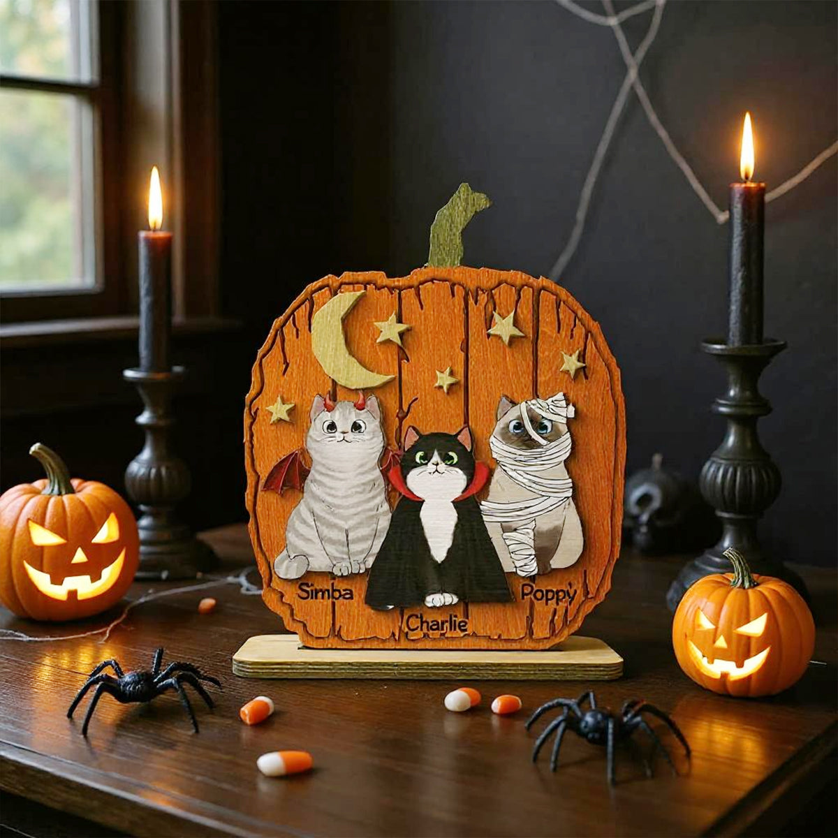Halloween Cat Pumpkin Shaped - Personalized 2-Layered Wooden Plaque - Gift For Cat Lovers