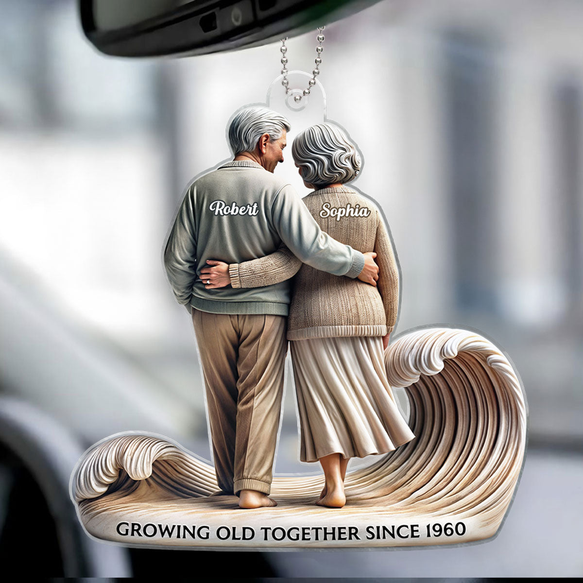 3D Effect Old Couple Embracing Walking Together On The Beach Personalized Car Hanger Ornament, Heartfelt Gift For Couple, For Him, For Her, Husband, Wife