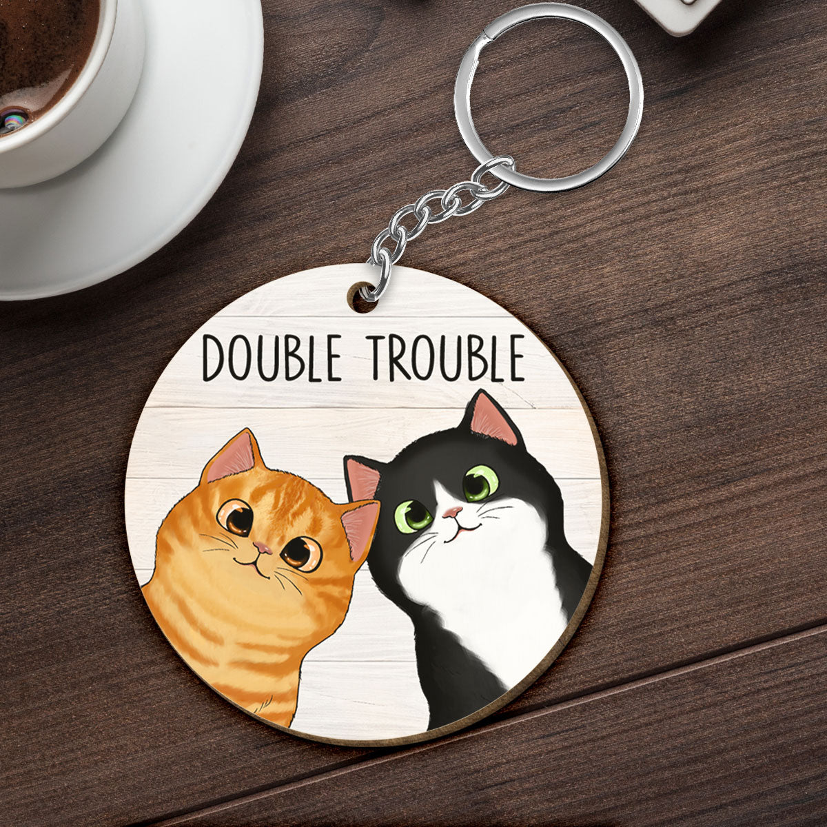 Peeking Fluffy Cats Double Trouble Personalized Wooden Keychain