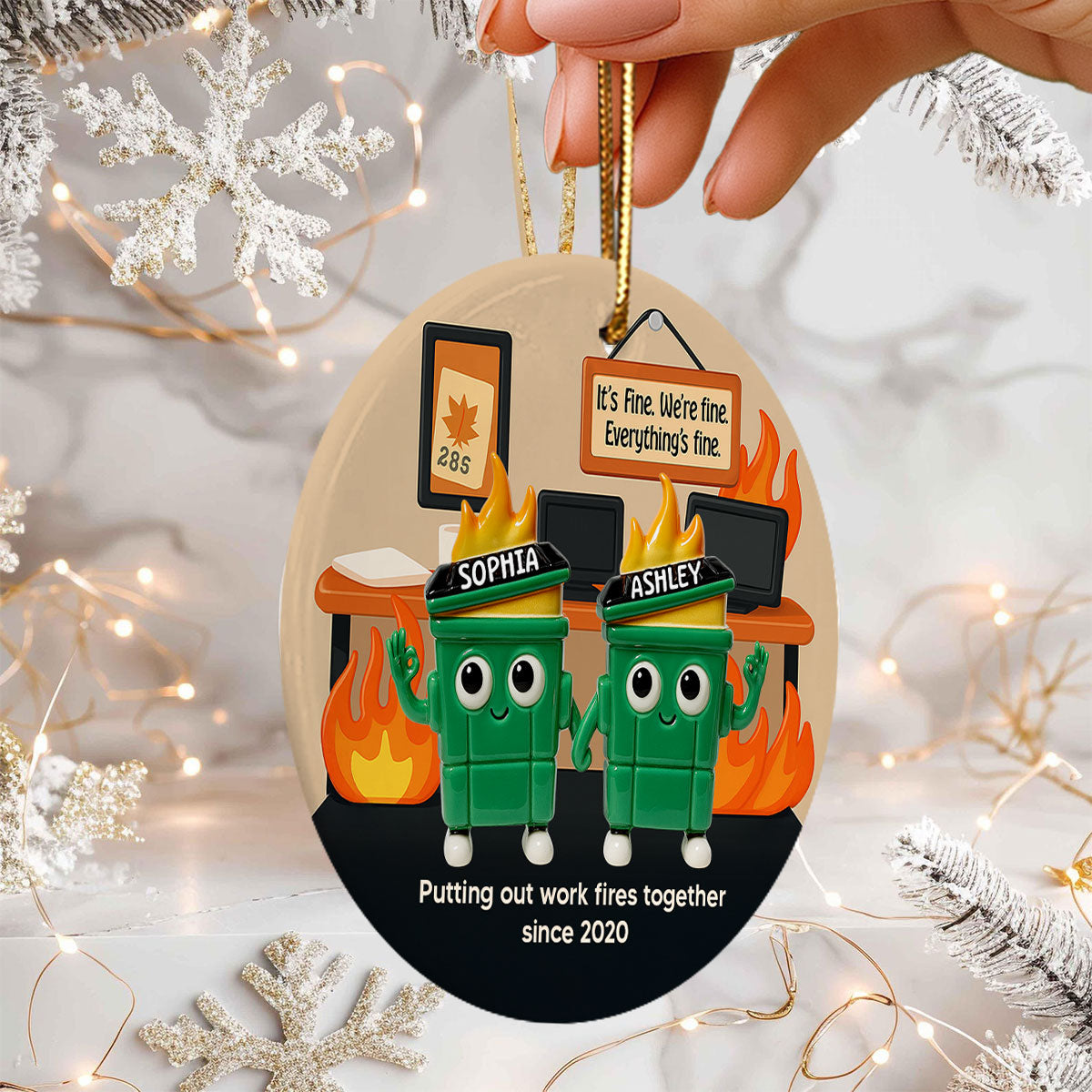 3D Effect Dumpster Fires In Office Scene - Personalized Ceramic Ornament - Funny Gift For Colleagues, Work Besties