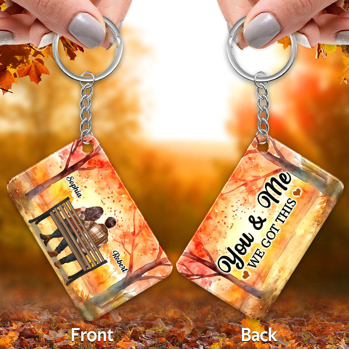 Fall Season Couple Back View Sitting On Bench Personalized Acrylic Keychain