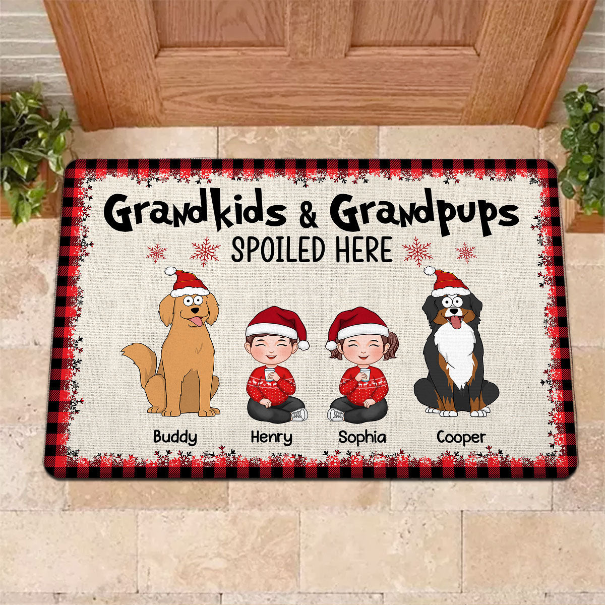 Grandkids And Grandpups Spoiled Here Personalized Doormat