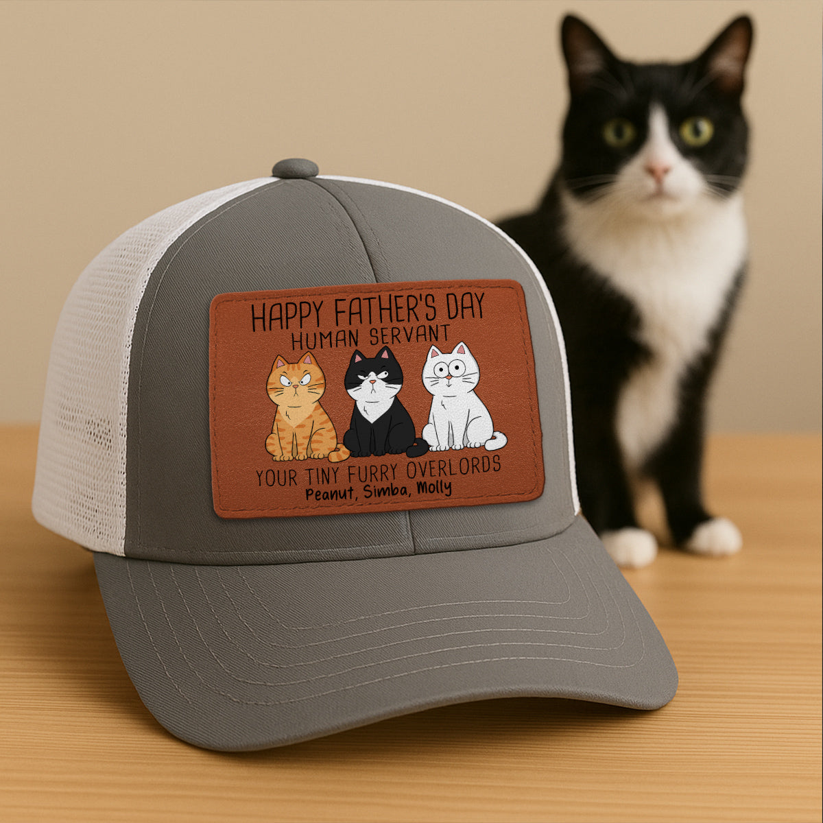 Happy Father‘s Day Human Servant Funny Cute Cats Personalized Leather Patch Hat, Gift For Cat Dad