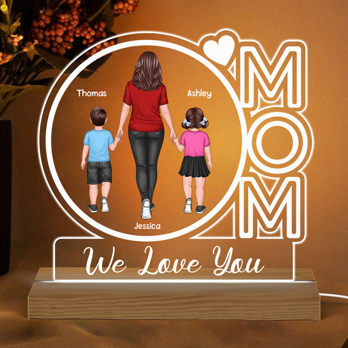 Mom We Love You Back View Walking Mom & Kids Personalized Custom Shape Acrylic Plaque With Warm LED Night Light
