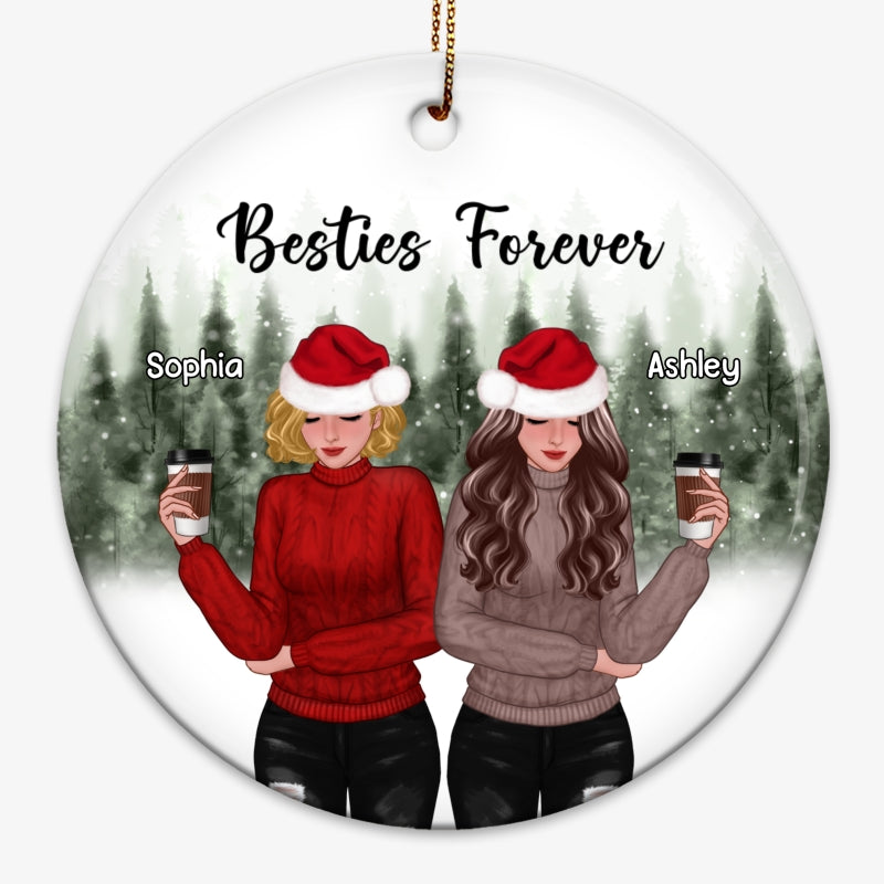 Snowy Pine Tree Forest Front View Christmas Besties Personalized Circle Ornament